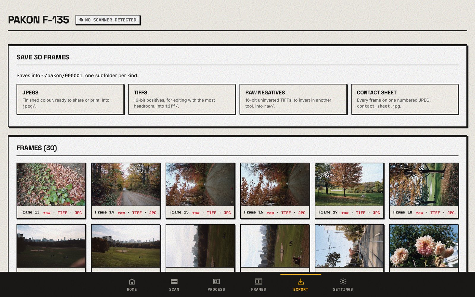 The Pakon app's Export page: choose JPEGs, TIFFs, raw negatives or a contact sheet, above a grid of finished pictures