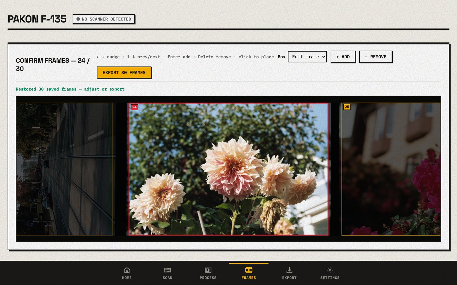 The Pakon app showing a scanned roll of colour film as a strip, with a box around each picture